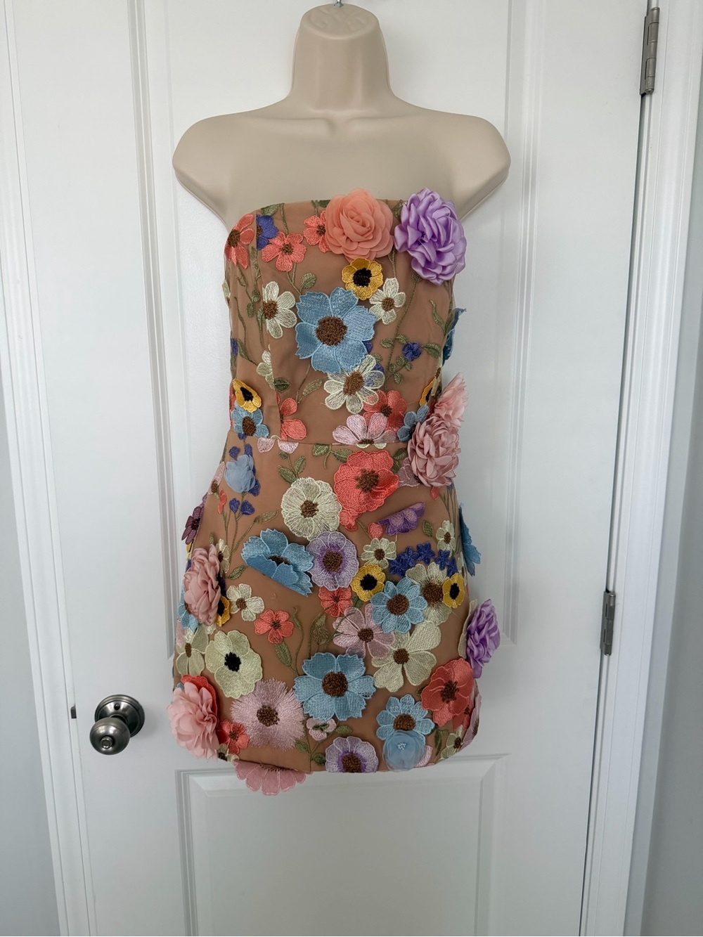 Floral Embroidered Strapless Mini Dress in Nude